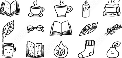 Minimal hand-drawn book and teacup sticker sheet with candles, leaves and cozy icons for planner stickers and craft backgrounds