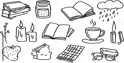 Cozy reading sticker sheet with books candles teacup glasses and blanket for planner stickers and cozy decor design