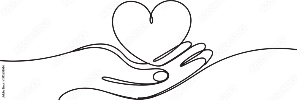 Obraz premium Heart in hand, continious line drawing. Love, charity, help, support outline. Vector illustration. one line Icon drawing