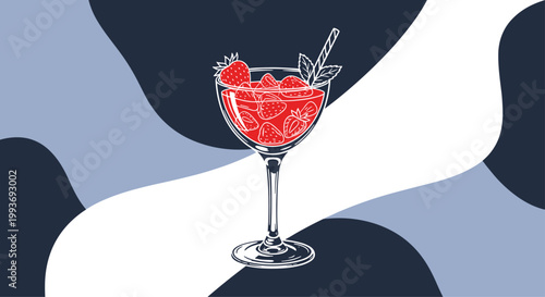 Refreshing red strawberry cocktail served in a classic stemmed glass with fresh mint leaves and a striped drinking straw against a blue backdrop.