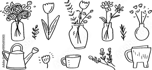 Hand drawn bouquet tulip sticker sheet with jars cups watering can and small sprigs for planner and craft stickers