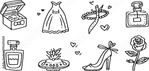 Hand drawn bridal sticker sheet of wedding icons including ring box veil perfume dress and shoe for moodboard stickers and design elements background