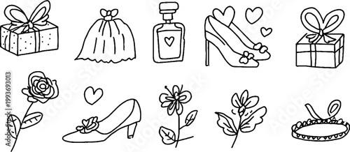 Hand drawn bridal sticker sheet of wedding icons including gift dress perfume shoe rose and floral elements for moodboard stickers and design elements