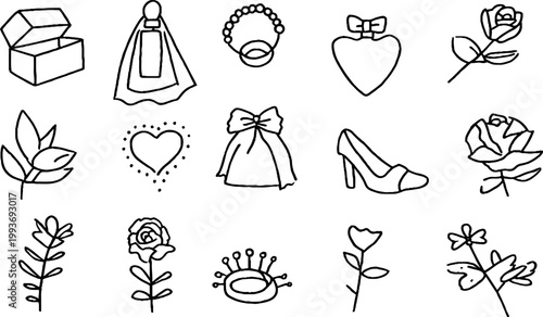 Hand drawn bridal sticker sheet of wedding icons showing ring box veil heart shoe rose and floral sketches for moodboard stickers and design elements