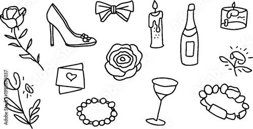 Bridal shower wedding icon set outline stickers for party invitation design printable stationery and craft embellishments