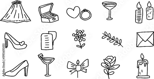 Hand drawn bridal wedding sticker sheet with veil ring box champagne bow shoe and floral icons for wedding planner and invitation design