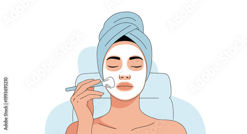 Detailed illustration of a woman in a spa treatment wearing a white facial mask and a light blue towel on her head while a brush is being used.