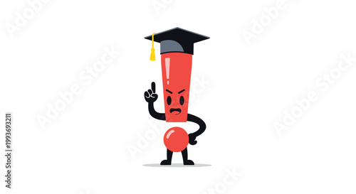 Funny red exclamation mark character wearing a black graduation cap and pointing upwards with a determined facial expression on white background.