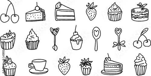 Cake cupcake cherry strawberry sticker sheet traced doodle outlines in black line art for planner stickers and scrapbooking design