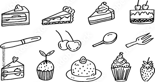 Cake cupcake cherry strawberry sticker sheet traced doodle outlines in black line art for planner stickers and scrapbooking design