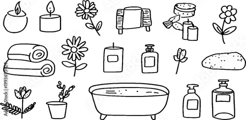 Hand drawn spa sticker sheet with candles jars crystals moon bathtub towels and flowers for planner labels crafts printable backgrounds and wellness design