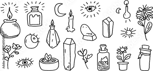 Minimal mystical doodle sticker sheet with candles crystals moons eyes and potion bottles for journal and craft design