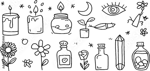 Hand drawn mystical candle and potion sticker sheet with moons crystals and flowers for planner and craft design