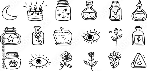 Assorted hand drawn witchy sticker sheet with candles jars moon potion bottles and sparkles for planner stickers and craft design background