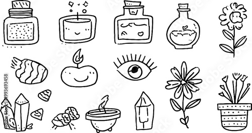 Cute hand drawn sticker sheet with smiling jars candles crystals flowers shells and a single eye for boho craft labels and scrapbooking