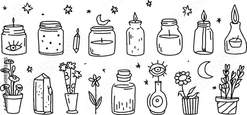 Black and white apothecary sticker sheet with jars candles crystals moons and plants for craft and planner design