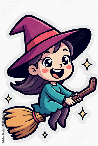 Cute Chibi Girl Witch Flying on Broomstick Cartoon Sticker