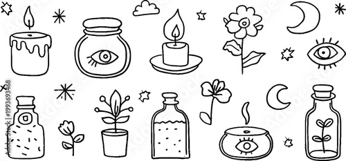 Traced black line sticker sheet of candles jars pots moons stars and plants for scrapbooking and craft design
