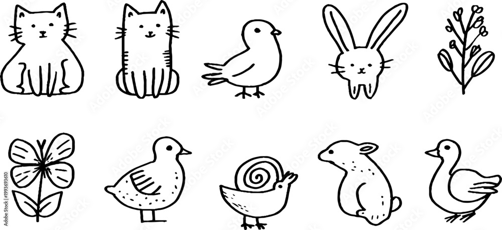 Obraz premium Outline animal sticker sheet with cat bunny bird fish butterfly snail and duck for planner stickers and craft labels