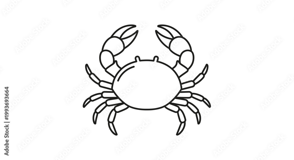 Fototapeta premium Simple black and white line art drawing of a crab with claws raised on a plain background.