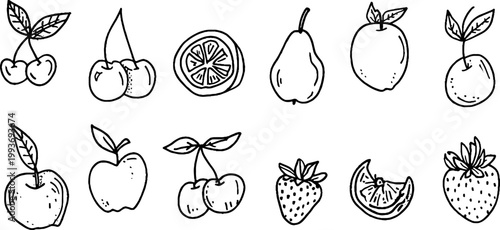 Minimal hand drawn fruit sticker sheet with cherries lemons pears apples peaches and strawberries for planner stickers and craft design
