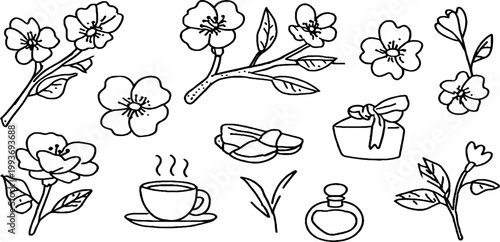 Cherry blossom sticker sheet with branch flowers ballet flats and tea cup for planner sticker design and scrapbooking decoration