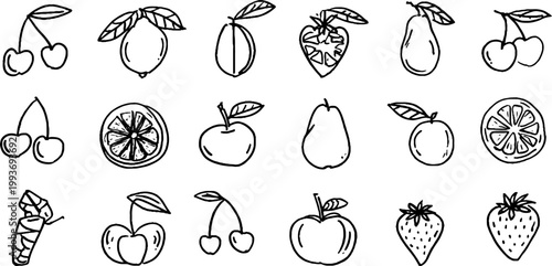 Hand drawn traced fruit sticker sheet with cherries lemons pears apples peaches and strawberries for pattern background and craft use