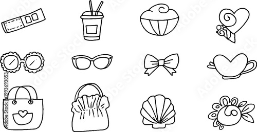 Hand drawn black and white fashion and summer sticker sheet with tote bags bow seashell cupcake drink and floral icons for planner stickers craft labels and gift tags