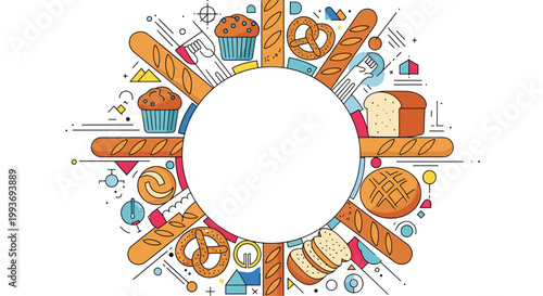 Circular border design composed of diverse bakery items such as baguettes, bread loaves, muffins, and pretzels around a central white space.