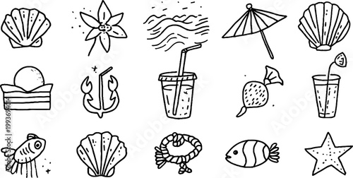 Coastal summer shell and anchor sticker sheet with waves umbrella drinks and tropical motifs for summer sticker design and planners