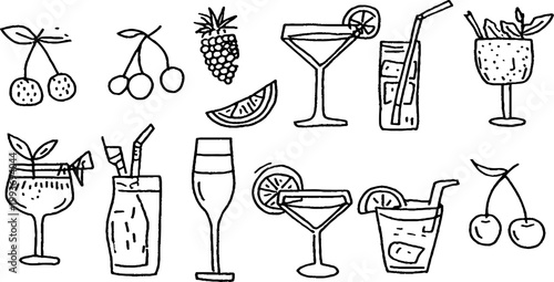 Hand drawn cocktail and fruit sticker sheet with glasses cherries pineapple and citrus icons for planner stickers and craft background