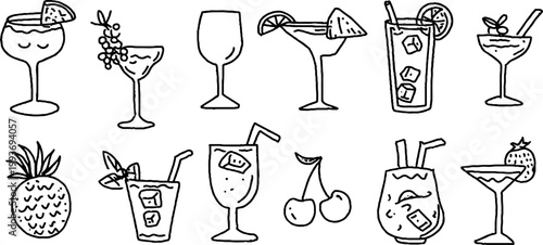 Hand drawn cocktail sticker sheet with wine glass fruit ice cube icons for summer planner stickers background and craft label design