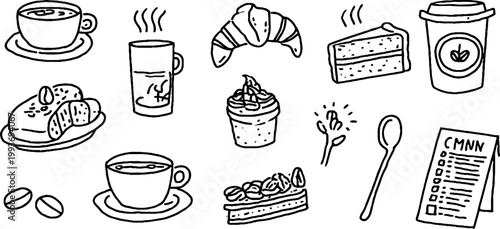 Hand-drawn black and white coffee and pastry sticker sheet with croissant espresso cup and menu illustrations for cafe label and planner design
