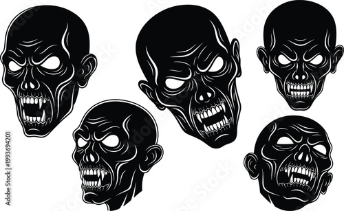 "Stylized skull silhouettes with hollow eyes, sharp contours, open mouths, spooky gothic horror artwork design for Halloween decorations"Mobile