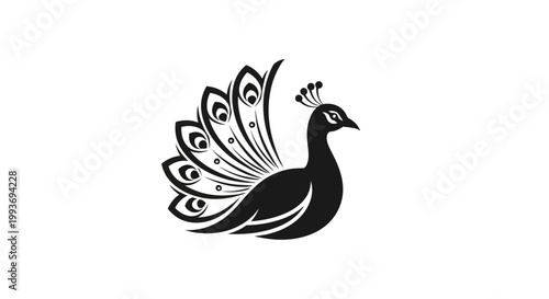 Elegant black silhouette of a peacock with its decorative tail fanned out on a white background, showcasing its majestic form.