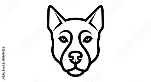 Minimalist black and white line art illustration of a dog's face looking directly forward.
