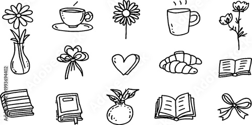 Hand drawn black and white sticker sheet showing daisies cups croissants vases books and bows for planner decoration stationery and craft design elements