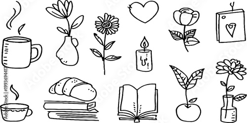 Hand drawn coffee cup mug and vase with flowers croissant book and candle sticker sheet in black line art for planner sticker design and stationery background