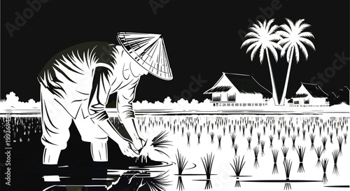 Agriculture scene with farmarworking in rich field monochorome art