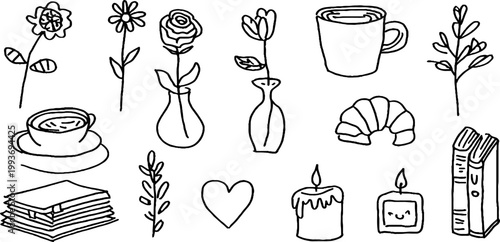 Hand drawn black line sticker sheet of coffee mugs vases flowers croissant books and candles for planner stickers craft background and printable designs