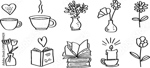 Hand drawn coffee mug cups and small vases with flowers open books and candle sticker sheet in black line art for planner stickers and stationery background