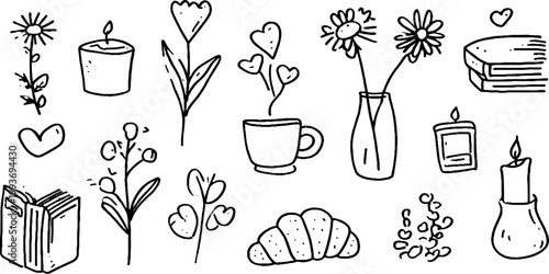Minimal black line sticker sheet featuring flowers candles books croissant vases hearts and a coffee mug for planner stickers craft projects and backgrounds