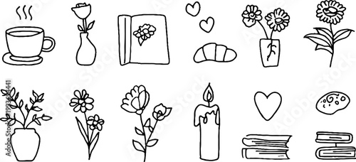 Hand drawn coffee cup vase flowers croissant books candles and hearts sticker sheet in black line art for planner stickers and stationery background