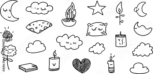 Hand drawn sleepy moon and star sticker sheet with pillows candles and clouds for cozy planner stickers and background design