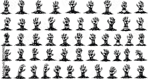 "Zombie hands silhouettes emerging from ground in sequence, skeletal fingers rising upward, spooky horror artwork symbolizing resurrection and apocalypse"Mobile