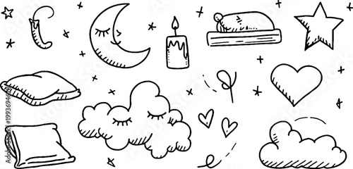 Hand drawn moon star and pillow sticker sheet with candles clouds and hearts for dreamy planner stickers and cozy background design
