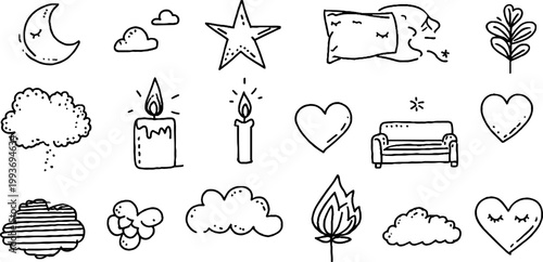 Hand drawn moon star and pillow sticker sheet with candles clouds hearts and leaves for cozy planner stickers and background design