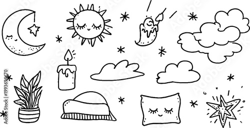 Hand drawn sleepy moon star candle and cloud sticker sheet with pillow plant and book icons for planner journal labels and craft backgrounds