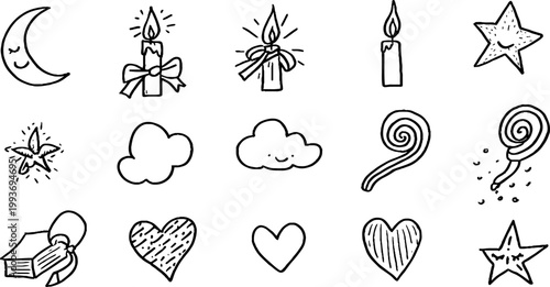 Hand drawn celestial sticker sheet with moon stars hearts clouds and candles for planner stickers scrapbook labels and seamless pattern background decoration