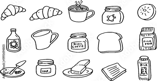 Minimal black line breakfast sticker sheet with croissants coffee jar toast butter and milk bottle icons for planner and packaging design